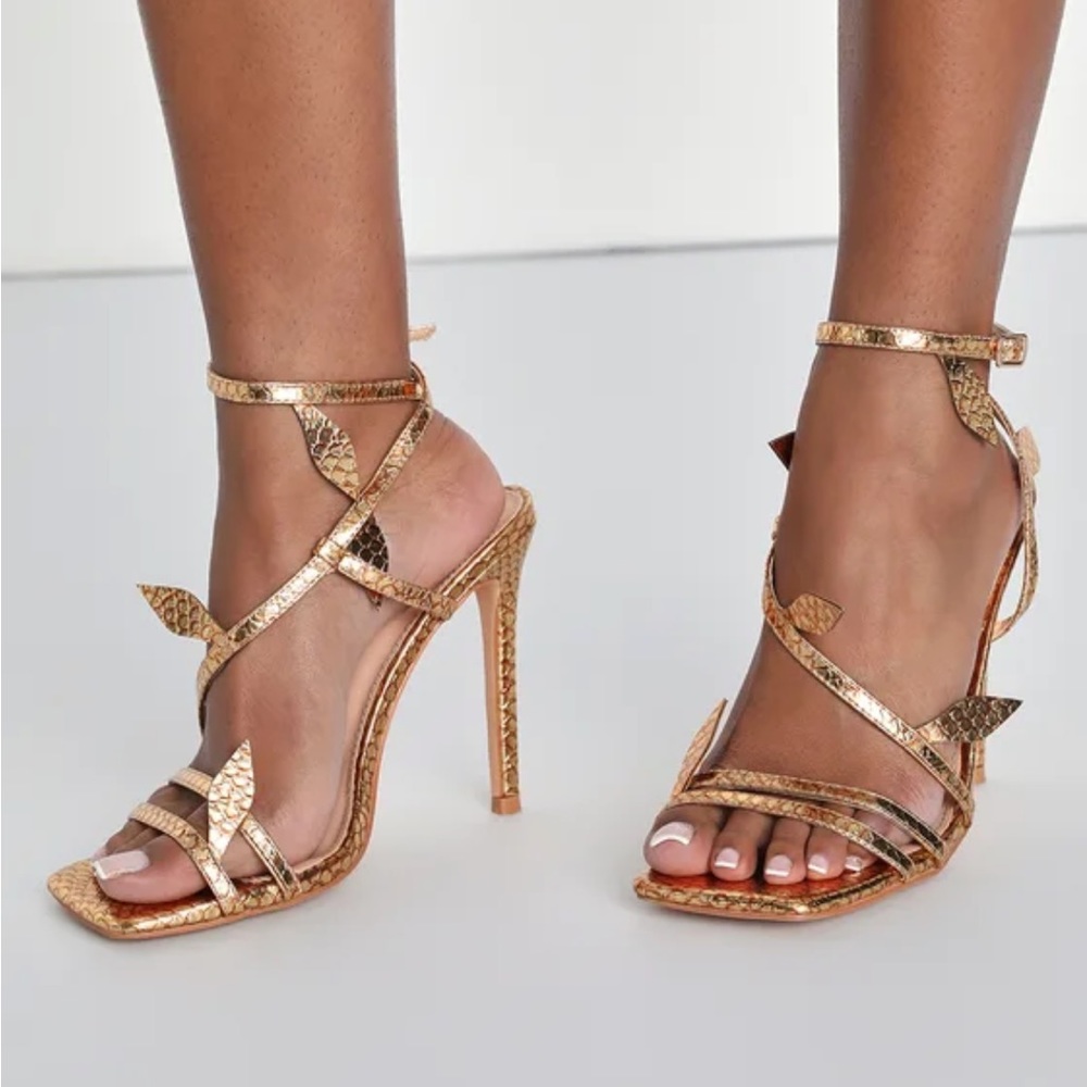 Briela Gold Snake-Embossed Leaf Ankle Strap High Heel Sandals size 8.5